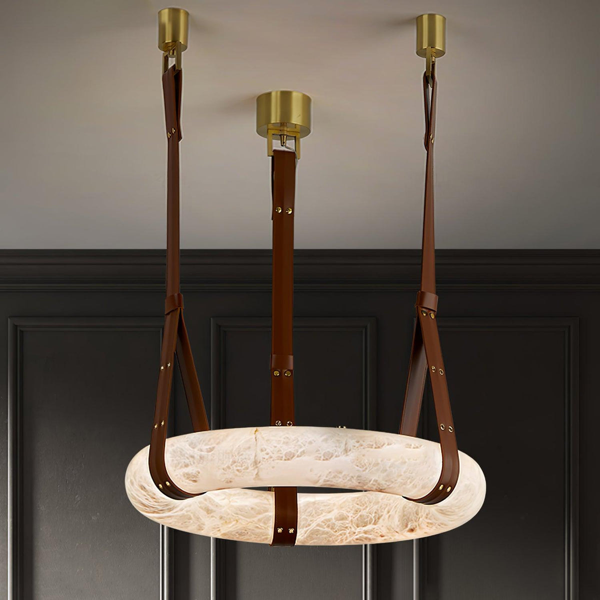 Oslo lampă suspendată din alabastru cu curele din piele în stil scandinav
