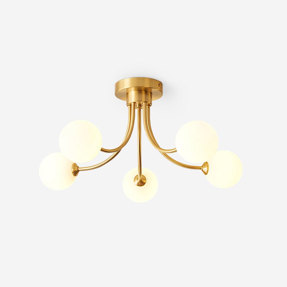 Plafonieră cu brațe ramificate din alamă, abajure sferice opalin, modern și elegant