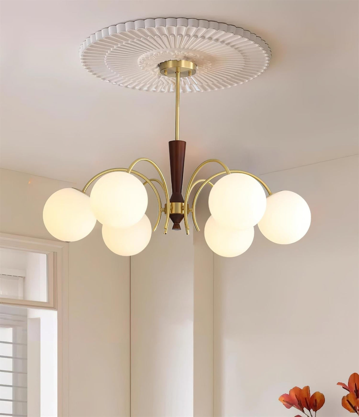Veslo candelabru din alamă și lemn, cu glob