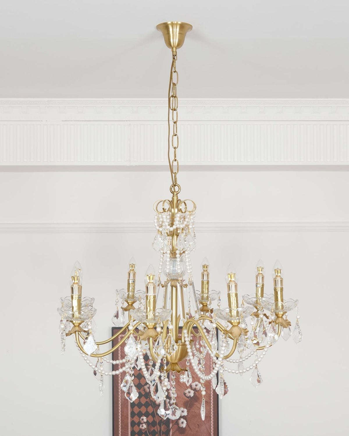 Candelabru corp din alamă cu picături de cristal perlé, eleganță vintage