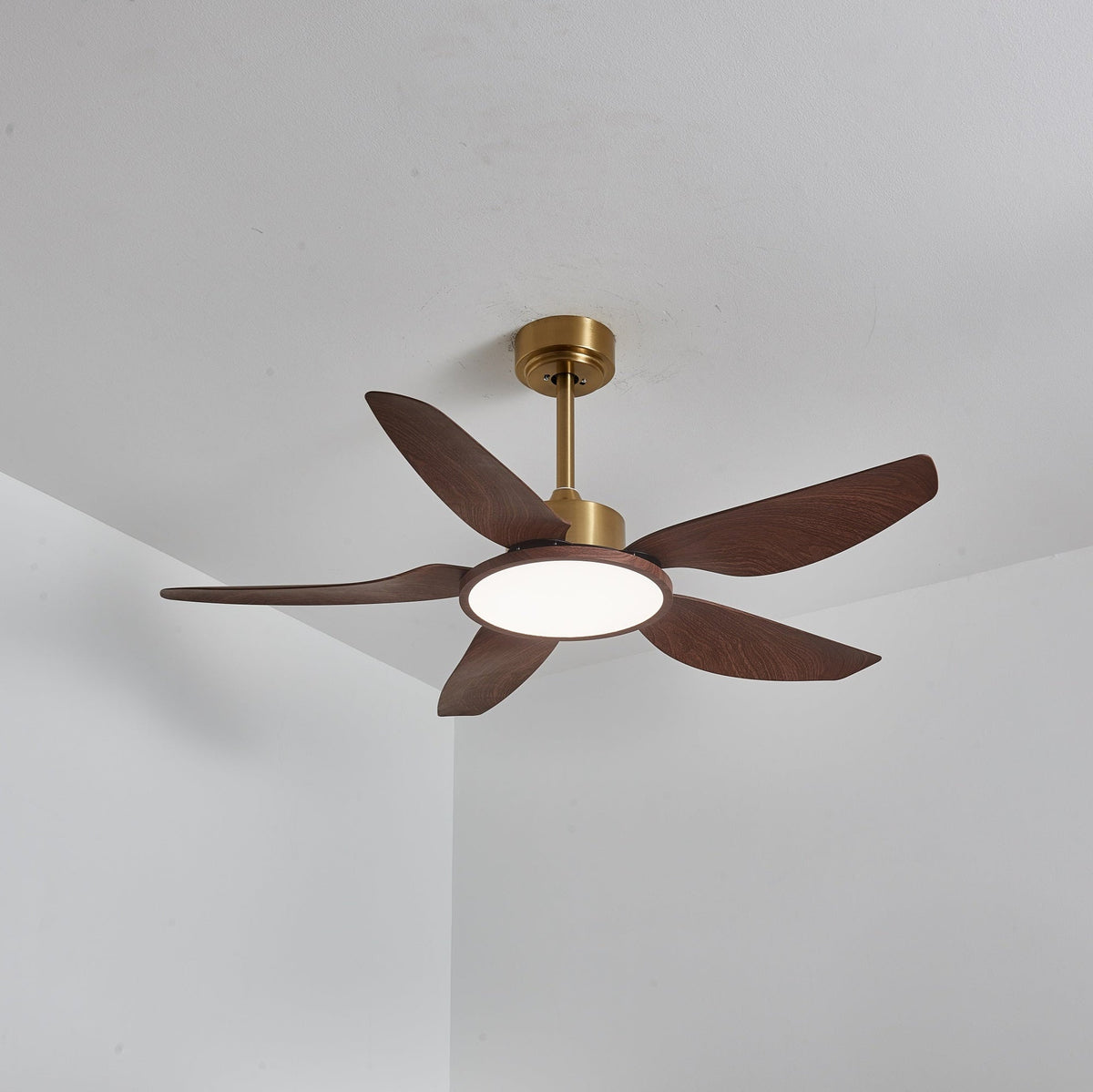 Sylenel ventilator de tavan cu lumină din lemn și alamă, modern