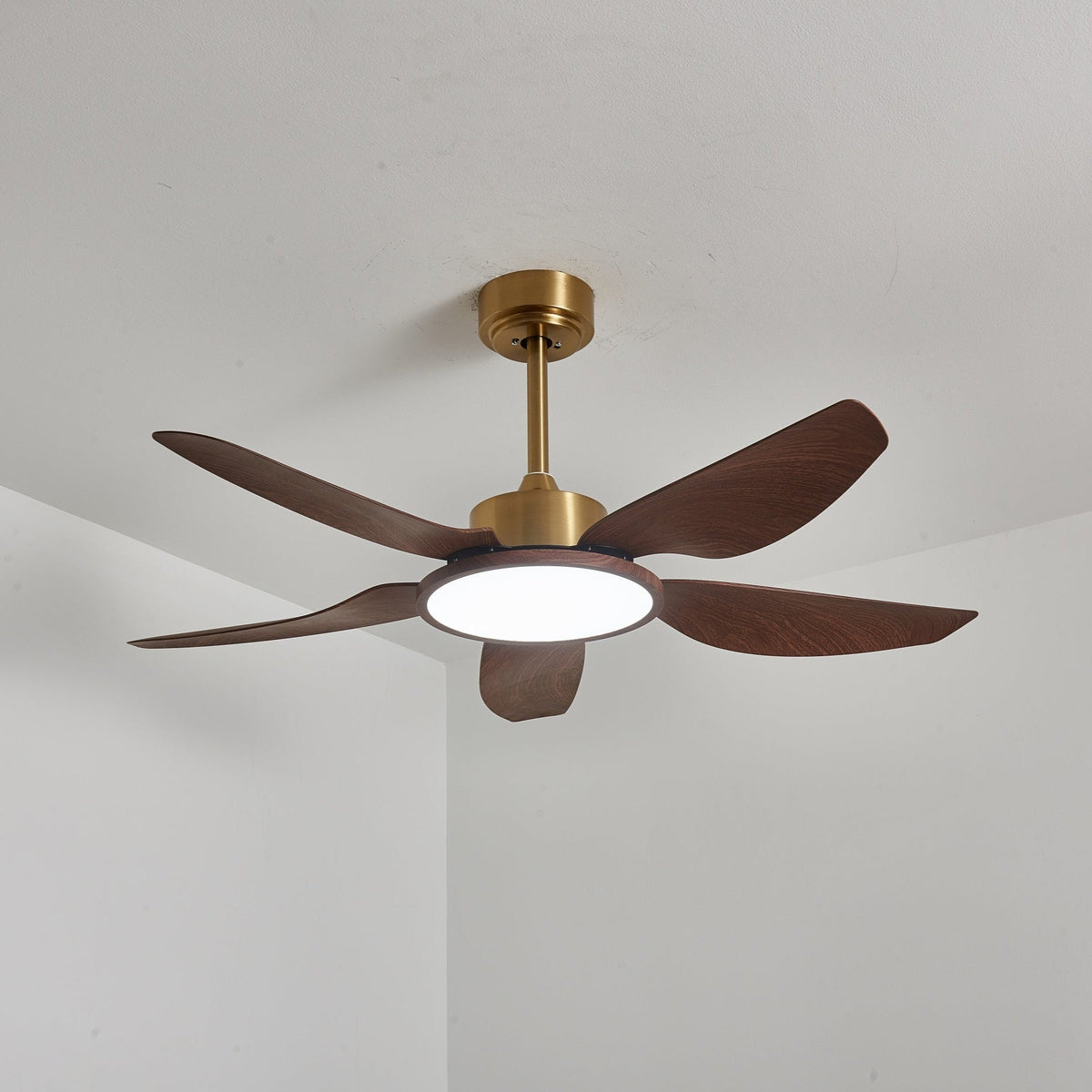 Sylenel ventilator de tavan cu lumină din lemn și alamă, modern