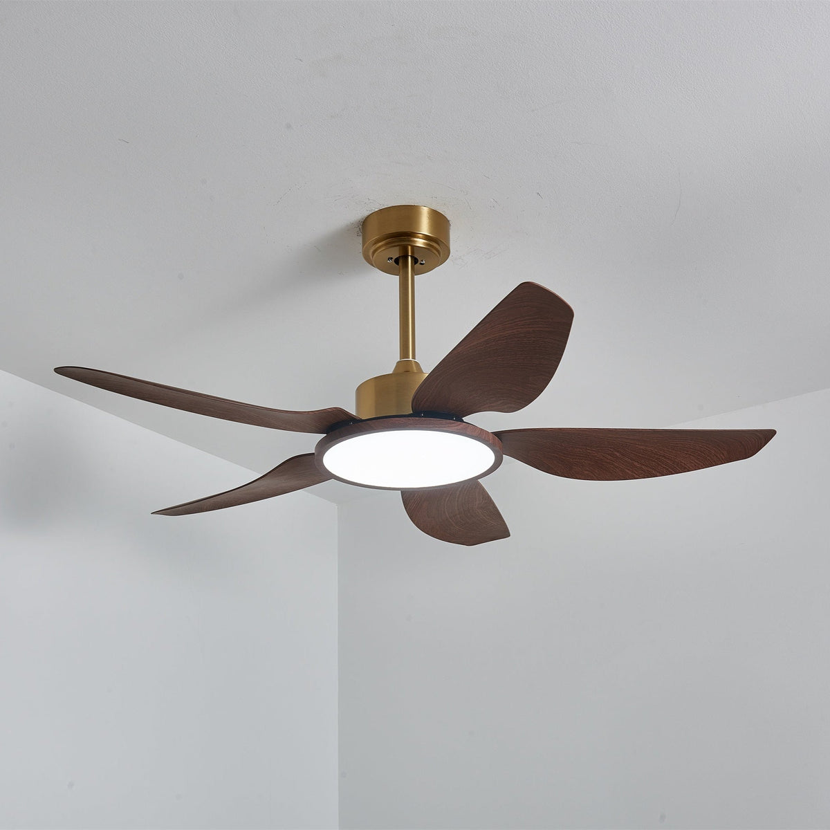 Sylenel ventilator de tavan cu lumină din lemn și alamă, modern