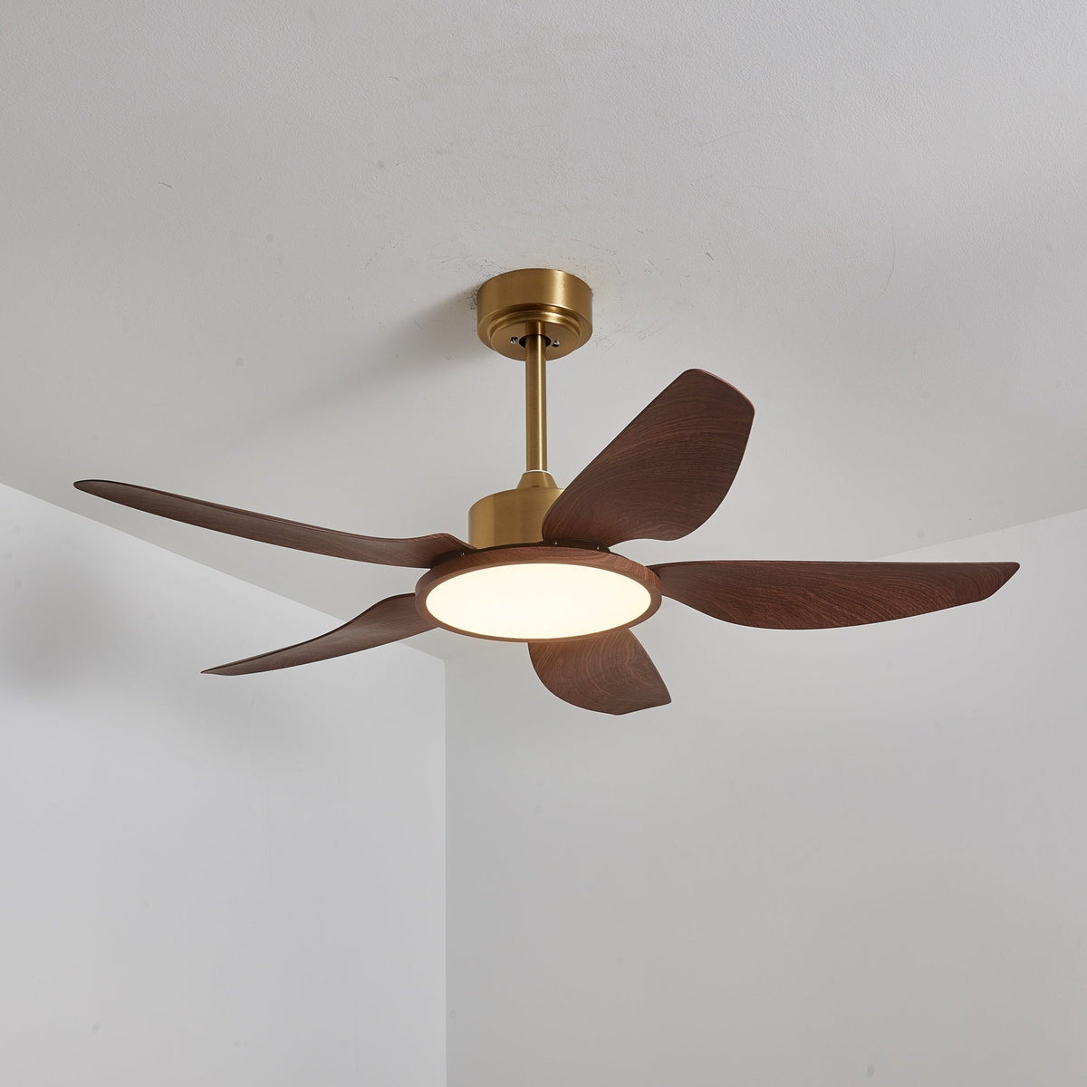 Sylenel ventilator de tavan cu lumină din lemn și alamă, modern