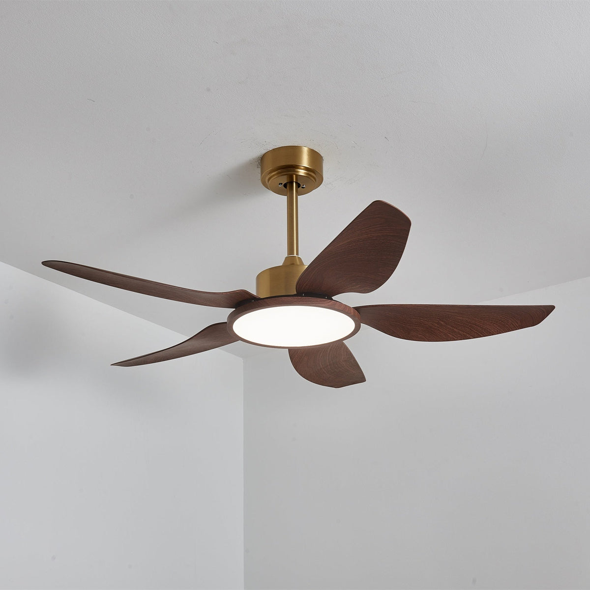 Sylenel ventilator de tavan cu lumină din lemn și alamă, modern
