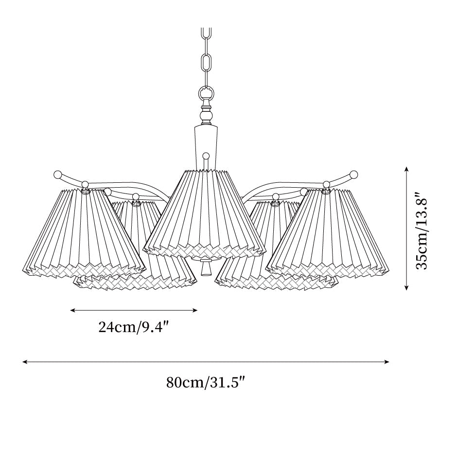 Candelabru cu Abajuri din Țesătură Pleată, Brațe din alamă și lemn de Nuc, Stil Retro Cald