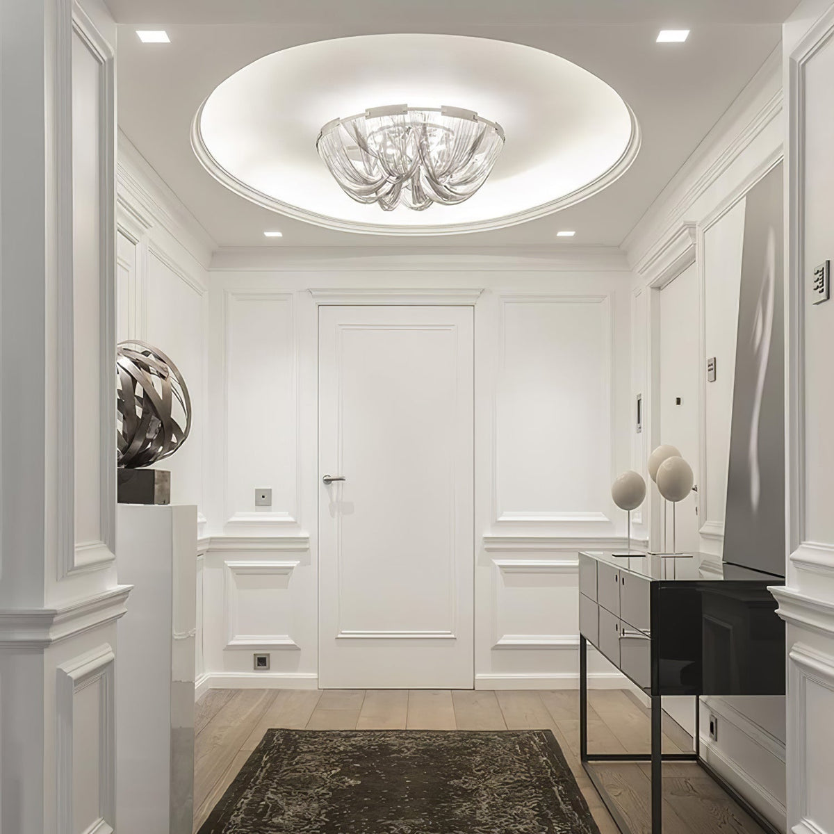 Talj plafonieră cu lanț din aluminiu și pomponetă, cadru în nikel