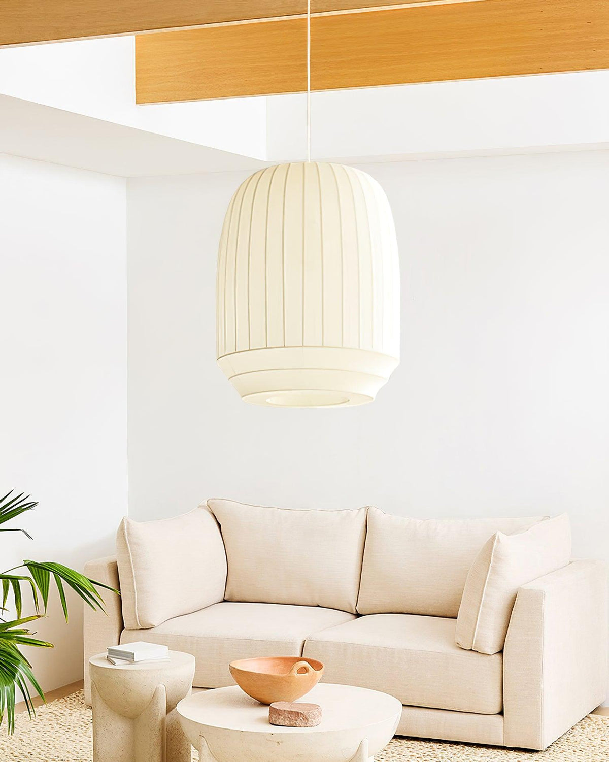 Taro lampă suspendată cu abajur din mătase alb cu linii verticale moi, modern și minimalist, din material textil