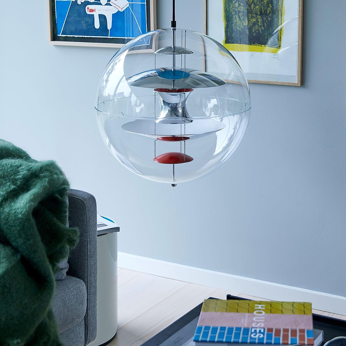 Lampă suspendată geometrică modernă futuristă cu straturi flotante, abajur sferic transparent