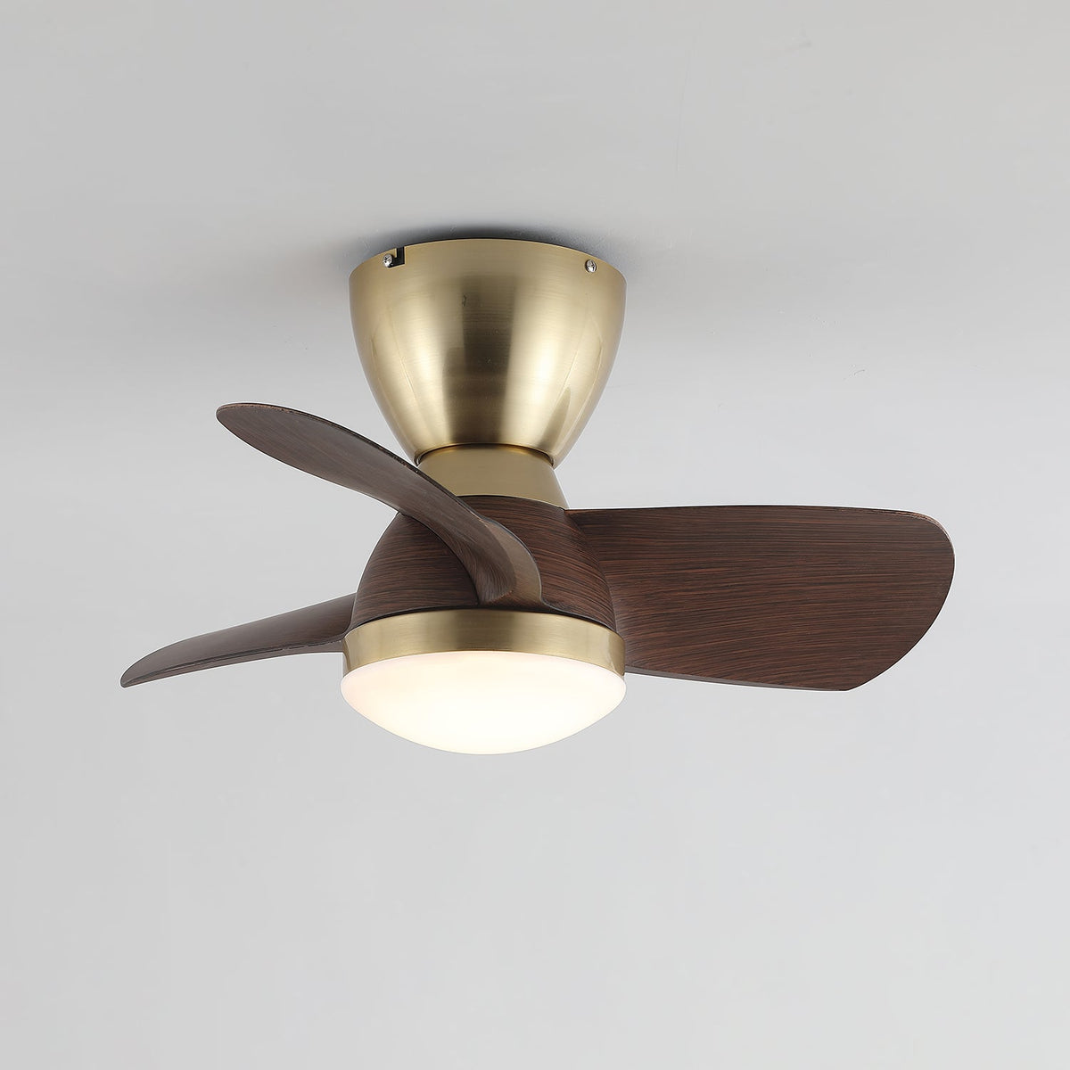 Aldiian ventilator de tavan cu lumină din alamă și lemn, minimalist