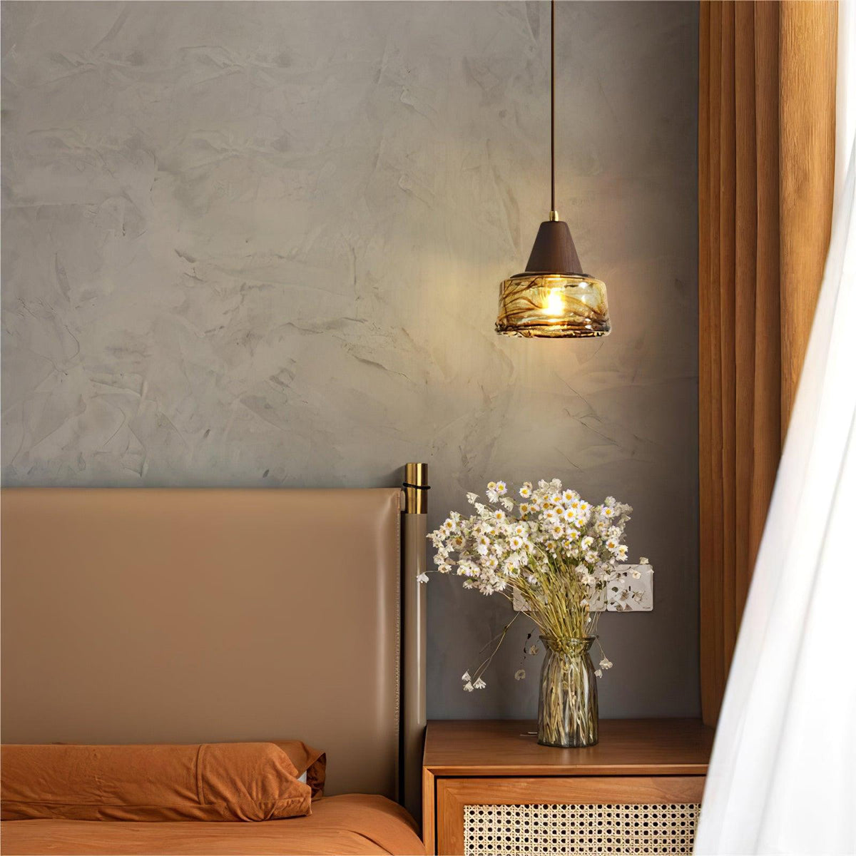 Lampă suspendată Amber sticlă abajur lemn Top Vintage Artistic