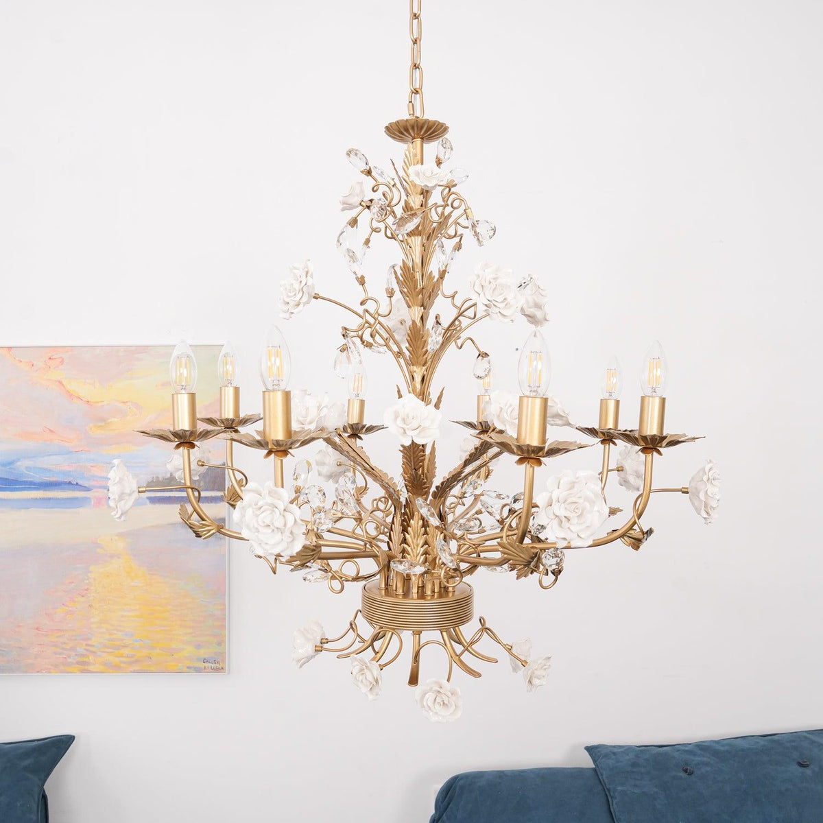 Candelabru Ornate metal Frame Porcelain Roses cristal clasic de lux
