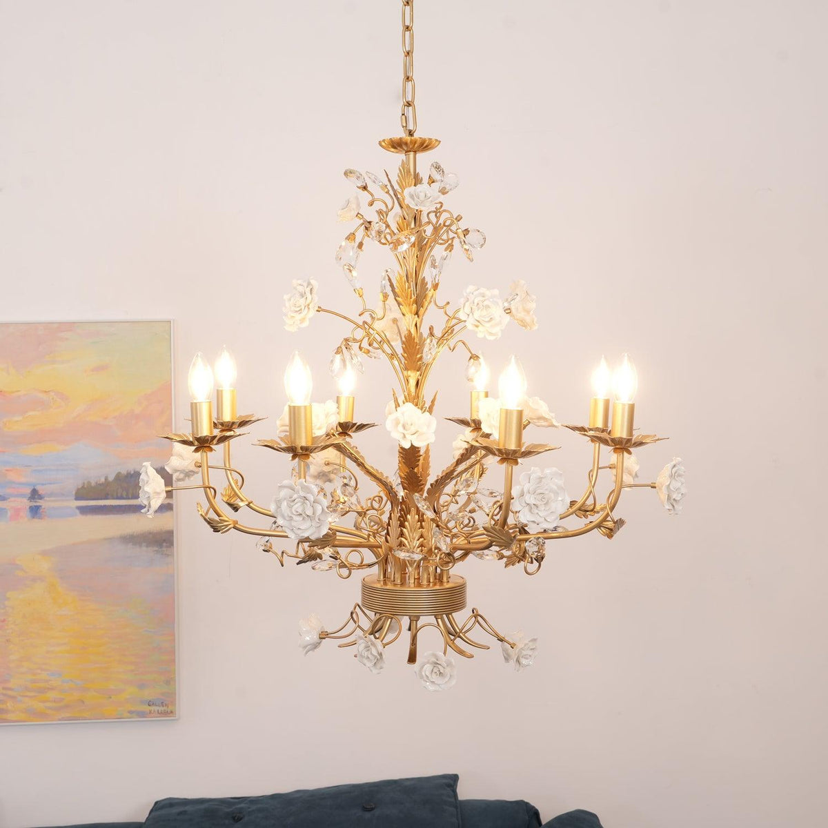 Candelabru Ornate metal Frame Porcelain Roses cristal clasic de lux