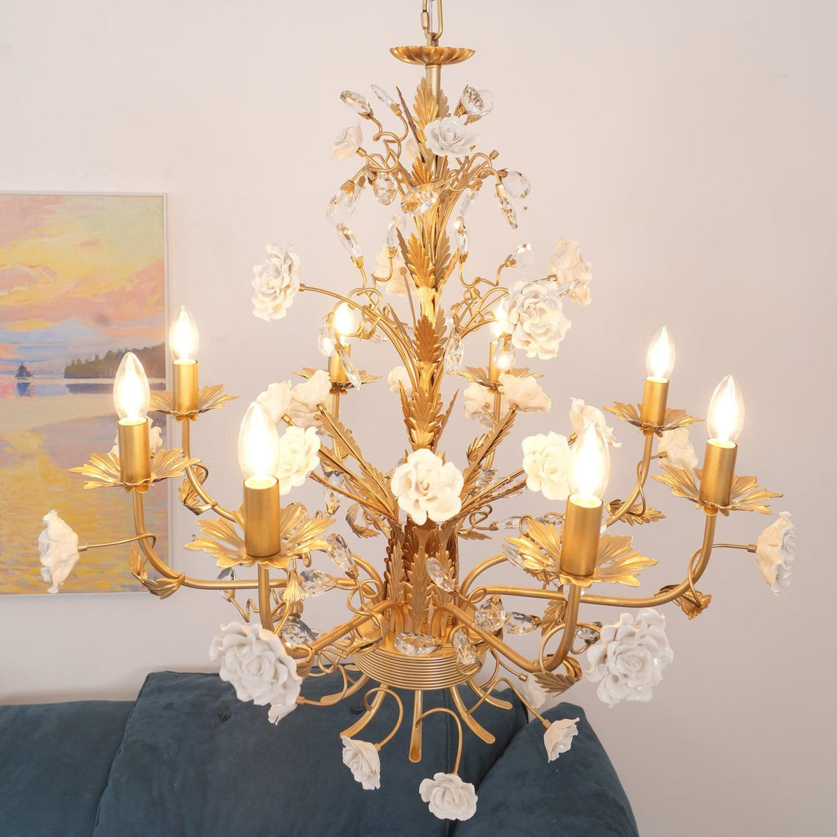 Candelabru Ornate metal Frame Porcelain Roses cristal clasic de lux