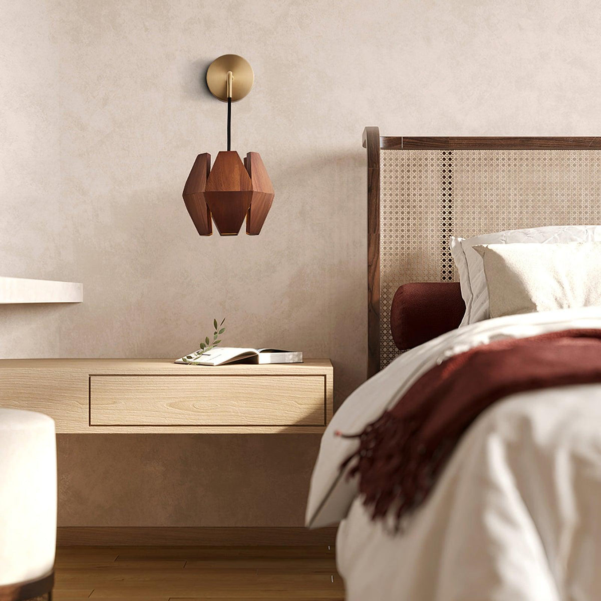 Aplică de perete Geometrică din lemn cu abajur, lumină caldă, design minimalist nordic