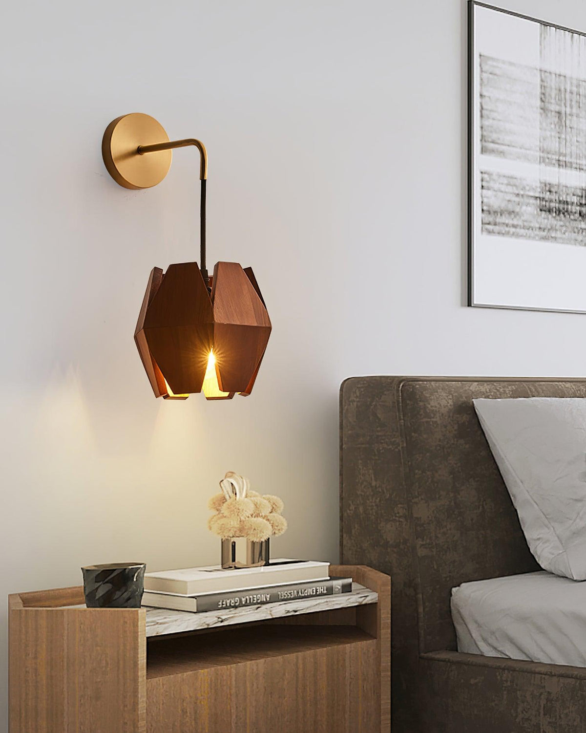 Aplică de perete Geometrică din lemn cu abajur, lumină caldă, design minimalist nordic