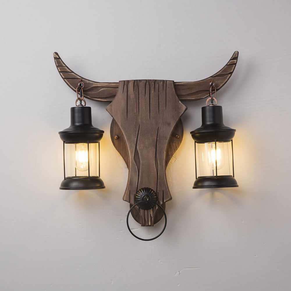 Austin aplică de perete în formă de boi vintage, 2 surse de lumină lemn/metal, dormitor